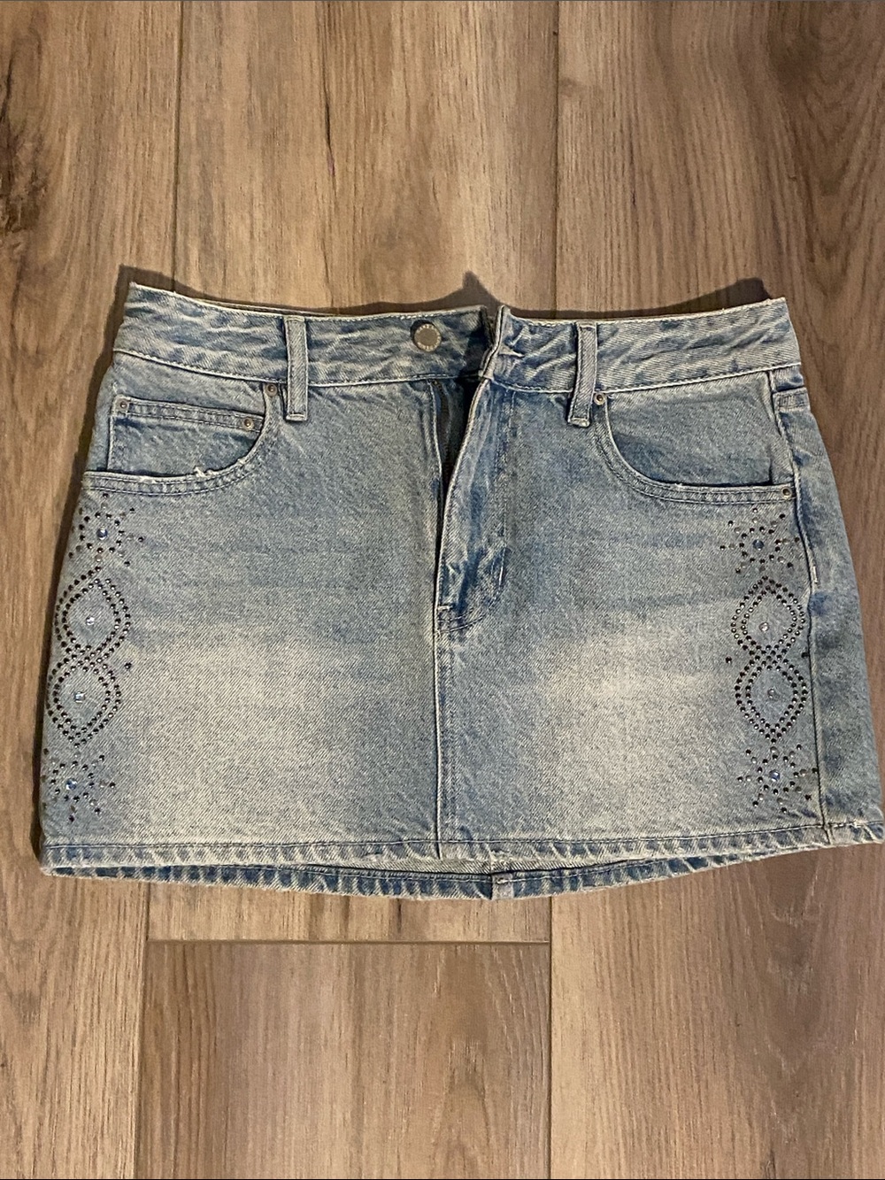 Embellished Light Blue Denim Mini Skirt